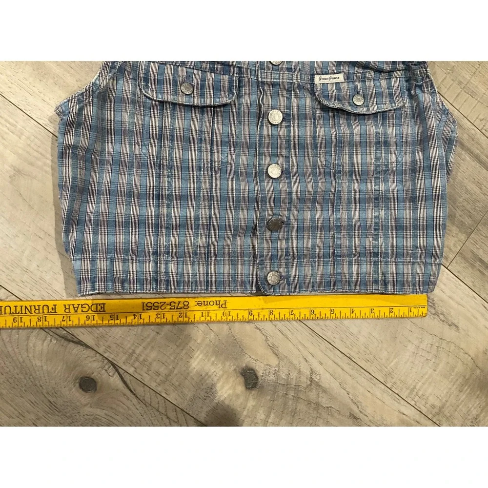 Vintage Guess Jeans Plaid Sleeveless Vest Blue White Cropped XL USA Made